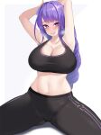 1girl armpits arms_behind_head arms_up ass_visible_through_thighs bangs black_pants black_sports_bra blunt_bangs breasts cameltoe cleavage collarbone commentary covered_nipples eyebrows_visible_through_hair genshin_impact grey_background hair_ornament heavy_breathing highres kuavera long_hair looking_at_viewer mole mole_under_eye navel pants parted_lips purple_eyes purple_hair raiden_shogun shiny shiny_hair simple_background sitting smile solo sports_bra spread_legs sweat thick_thighs thighs yoga_pants 