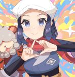  1girl akari_(pokemon) black_hair blush commentary eyelashes floating_scarf grey_eyes hat head_scarf highres hisuian_form hisuian_growlithe holding long_hair looking_at_viewer open_mouth pokemon pokemon_(creature) pokemon_(game) pokemon_legends:_arceus ponytail red_scarf sash scarf sidelocks smile spyg white_headwear 