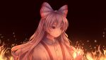  1girl 2021 absurdres bangs black_background bow buttons closed_mouth collar collared_shirt evermythic eyebrows_visible_through_hair fire fujiwara_no_mokou hair_between_eyes hand_up highres long_hair long_sleeves looking_to_the_side multicolored_bow puffy_sleeves red_bow red_eyes shirt sidelocks signature silver_hair simple_background solo touhou upper_body white_bow white_shirt white_sleeves 
