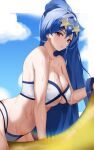  1girl absurdres bare_arms bare_shoulders bikini blue_hair breasts cleavage commission cowboy_shot eyewear_on_head highres large_breasts long_hair looking_at_viewer multi-strapped_bikini nevin_(flyskying) original parted_lips pixiv_request red_eyes solo standing star-shaped_eyewear stomach strapless strapless_bikini sunglasses swimsuit symbol-only_commentary very_long_hair wet white_bikini 