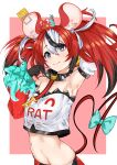  1girl absurdres animal_ears armpits bine_kun cheese collar dice_hair_ornament food hair_ornament hakos_baelz highres hololive hololive_english key_necklace mouse mouse_ears mouse_girl mouse_tail mousetrap mr._squeaks_(hakos_baelz) navel rat solo spiked_collar spikes tail virtual_youtuber 