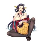  1girl ahoge areolae bare_shoulders black_hair black_legwear blue_hair blush breasts chinese_clothes collarbone commentary_request detached_sleeves earrings eating facial_mark feet finger_to_mouth food_in_mouth forehead_mark full_body gradient_hair grey_eyes hair_ornament hand_up huge_breasts jewelry long_hair looking_at_viewer luode_huayuan mooncake multicolored_hair neck_tattoo no_shoes open_mouth original oversized_food pantyhose simple_background sitting soles solo tattoo tongue tongue_out very_long_hair white_background wide_sleeves 