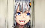  1girl blue_eyes commentary doorway grey_hair hair_ornament here&#039;s_johnny! kizuna_akari looking_to_the_side not_makigai open_mouth parody portrait saliva smile solo subtitled the_shining translated v-shaped_eyebrows vocaloid voiceroid 