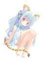  1girl absurdres animal_ear_fluff animal_ears barefoot blue_hair brown_eyes convenient_leg dress feet flower_(kowarekake) hand_on_own_knee headgear highres knees_up kowarekake_no_orgel legs long_hair original pop_(electromagneticwave) short_sleeves simple_background smile solo tail thighs tiger_ears tiger_tail toes white_background white_dress 