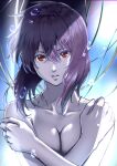  1girl breasts cable cleavage covering_body ghost_in_the_shell hair_between_eyes hands highres kaijin-m kusanagi_motoko looking_at_viewer nude parted_lips purple_hair red_eyes short_hair solo underwater upper_body 