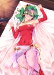  1girl armpits cape detached_sleeves final_fantasy final_fantasy_vi green_hair kirishima_satoshi leotard lying on_back pantyhose pink_legwear red_leotard sash solo strapless strapless_leotard thigh_gap tiara tina_branford 