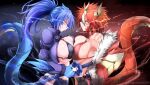  2girls anger_vein annes_(g_(genesis1556)) bangs bikini bikini_top black_background black_bikini blue_eyes blue_hair breast_press breasts claws closed_mouth dein_(g_(genesis1556)) dragon_girl dragon_horns dragon_tail from_side fur_trim g_(genesis1556) highres holding holding_sword holding_weapon horns jacket large_breasts long_hair looking_at_another monster_girl multicolored_hair multiple_girls open_clothes open_jacket original ponytail red_bikini red_eyes red_hair scar scar_across_eye sheath sheathed short_hair smoking streaked_hair swimsuit sword symmetrical_docking tail two-tone_hair upper_body weapon 