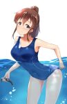  1girl absurdres adjusting_clothes adjusting_swimsuit air_bubble blue_eyes blue_swimsuit blush brown_hair bubble closed_eyes commentary covered_navel cowboy_shot frown highres holding idolmaster idolmaster_million_live! leaning_forward looking_at_viewer medium_hair one-piece_swimsuit partially_submerged ponytail satake_minako simple_background solo standing standing_on_one_leg swimsuit watch water wattsu white_background wristwatch 