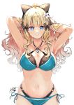  1girl absurdres bangs bikini black_bow blonde_hair blue_eyes blush bow breasts elf eyebrows_visible_through_hair hair_bow hair_ornament highres keinesandayoooo large_breasts long_hair looking_at_viewer pointy_ears princess_connect! saren_(princess_connect!) simple_background solo swimsuit white_background 