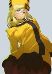  1girl ashiomi_masato blonde_hair blue_eyes breasts closed_mouth dress guilty_gear guilty_gear_xrd hat looking_at_viewer medium_hair millia_rage pantyhose simple_background solo 