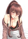  1girl bare_shoulders black_bra blush bra breasts brown_hair cherry_blossoms commentary_request dated_commentary flower food food_in_mouth hair_flower hair_ornament highres holding holding_food kantai_collection long_hair long_sleeves looking_at_viewer medium_breasts mouth_hold nipple_slip nipples off-shoulder_sweater off_shoulder official_alternate_costume pocky ponytail red_eyes rekka_yamato sidelocks smile solo sweater underwear very_long_hair yamato_(kancolle) 