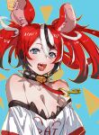  1girl animal_ears blue_eyes bow_(bhp) breasts cleavage hakos_baelz hololive hololive_english key_necklace large_breasts mouse_ears mouse_girl multicolored_hair open_mouth red_hair sharp_teeth streaked_hair teeth virtual_youtuber 