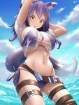  1girl absurdres animal_ear_fluff animal_ears arms_up artist_name bikini breasts criss-cross_halter fang groin halterneck highres j.c.14 large_breasts looking_at_viewer looking_down makoto_(princess_connect!) navel ocean open_mouth outdoors princess_connect! purple_bikini purple_hair see-through solo sweat swimsuit tail wet wet_clothes wolf_ears wolf_girl wolf_tail yellow_eyes 