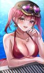  1girl arm_support bikini blush breasts cleavage earrings eyebrows_visible_through_hair eyewear_on_head fang hand_on_own_face hat heart heart-shaped_eyewear heart_earrings heart_necklace heterochromia highres hololive houshou_marine jewelry leaning_on_object looking_at_viewer open_mouth pool poolside red_eyes red_hair sara_rt04 smile sunglasses swimsuit virtual_youtuber water wet yellow_eyes 