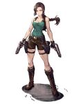  1girl backpack bag belt braid braided_ponytail breasts brown_footwear brown_hair cleavage dual_wielding final_fantasy final_fantasy_brave_exvius full_body gun handgun highres holding holster lara_croft looking_at_viewer official_art ryuji_ohara short_shorts shorts simple_background solo standing tank_top thigh_strap third-party_source tomb_raider war_of_the_visions:_final_fantasy_brave_exvius weapon 