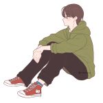  1boy black_hair black_pants drawstring full_body green_hoodie highres hood hood_down hoodie knees_up nokanok original pants red_footwear shoes short_hair simple_background sitting solo twitter_username white_background 