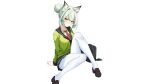  1girl absurdres alternate_costume alternate_hairstyle animal_ear_fluff animal_ears arknights arm_support bag black_skirt blush breasts brown_footwear cardigan cat_ears closed_mouth collared_shirt ddddecade dress_shirt eyebrows_visible_through_hair full_body furrowed_brow green_cardigan green_eyes hair_between_eyes hair_bun half_updo highres kal&#039;tsit_(arknights) knee_up light_green_hair loafers looking_at_viewer medium_breasts miniskirt pantyhose pleated_skirt red_neckwear sailor_collar school_bag school_uniform scowl shirt shoes short_hair simple_background sitting skirt solo v-shaped_eyebrows white_background white_legwear white_shirt wing_collar 