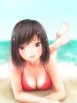  1girl :d barefoot beach bikini black_hair blue_sky blurry blurry_background blush breasts brown_eyes day depth_of_field feet hands_out_of_frame lying medium_breasts ocean on_stomach open_mouth original outdoors sky smile soles solo swimsuit the_pose toes water yuluvine 