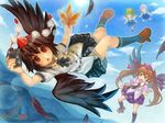  black_hair black_legwear black_wings brown_hair camera cirno daiyousei day fan feathers flying geta hat himekaidou_hatate kneehighs long_hair multiple_girls newspaper red_eyes shameimaru_aya skirt sky tengu-geta tokin_hat torii touhou twintails very_long_hair w.f wings 