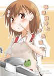  apron bad_id bad_pixiv_id bowl brown_eyes brown_hair chopsticks frog gekota misaka_mikoto mukunoki_nanatsu school_uniform sink solo sweater_vest to_aru_kagaku_no_railgun to_aru_majutsu_no_index 