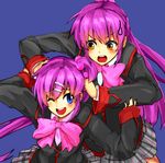  blue_eyes bow brown_eyes futaki_kanata hair_bobbles hair_ornament hogi little_busters! long_hair multiple_girls one_eye_closed pink_bow plaid plaid_skirt purple_hair saigusa_haruka school_uniform side_ponytail skirt 