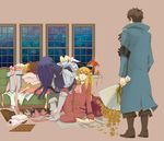  2boys afuroya blonde_hair blue_hair bow cat_tail dress flower formal frederica_bernkastel jewelry long_hair multiple_boys ponytail tail umineko_no_naku_koro_ni ushiromiya_lion willard_h_wright 