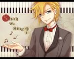  blonde_hair blue_eyes book bow english handkerchief kagamine_len mukkun musical_note nail_polish piano_keys smile suit vocaloid 