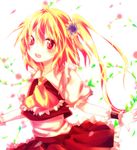  ascot bad_id bad_pixiv_id blonde_hair flandre_scarlet flower hair_flower hair_ornament no_hat no_headwear ponytail red_eyes riichu side_ponytail solo touhou wrist_cuffs 