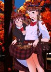  animal_ears arm_hug autumn bow bowtie brown_eyes brown_hair fake_animal_ears grin head_wreath leaf long_hair maple_leaf multiple_girls nanahime one_eye_closed original petticoat plaid plaid_skirt purple_eyes purple_hair school_uniform skirt skirt_basket skirt_lift sleeves_rolled_up smile squirrel 