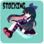  bad_id bad_pixiv_id blue_eyes blue_hair bow dress gothic_lolita hair_bow lolita_fashion long_hair panty_&amp;_stocking_with_garterbelt single_thighhigh smile solo south_(monookibako) stocking_(psg) striped striped_legwear thighhighs 