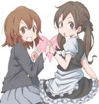  bad_id bad_pixiv_id brown_eyes brown_hair character_request grin hirasawa_yui holding_hands ichinose_(ktmnn) k-on! maid multiple_girls pantyhose school_uniform short_hair smile twintails v 