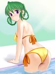  ass bad_id bad_pixiv_id bikini braid green_hair katatsuka_kouji long_hair looking_back mina_likering pool poolside purple_eyes solo super_robot_wars super_robot_wars_f swimsuit twin_braids 