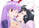  animal_ears black_hair bunny_ears cake food inaba_tewi kisaragi_ryou_(sougetsu-tei) licking long_hair multiple_girls purple_hair red_eyes reisen_udongein_inaba short_hair touhou 