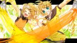  &gt;_&lt; 1girl aqua_eyes blonde_hair brother_and_sister closed_eyes facepaint grin hair_ornament hairband hairclip kagamine_len kagamine_rin paint paintbrush rabaraba_5000_(vocaloid) short_hair siblings smile star twins ui_(rot) v vocaloid 