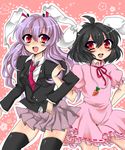  3b animal_ears bad_id bad_pixiv_id black_hair black_legwear blazer bunny_ears inaba_tewi jacket locked_arms long_hair multiple_girls necktie purple_hair red_eyes reisen_udongein_inaba short_hair thighhighs touhou 