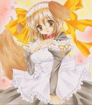  animal_ears bad_id bad_pixiv_id breasts brown_eyes brown_hair chinako cleavage collar dog_ears hair_ribbon maid maid_headdress medium_breasts original ribbon solo tail traditional_media 