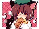  animal_ears bad_id bad_pixiv_id blush brown_hair cat_ears cat_tail chen closed_eyes earrings eating extra_ears face fish food happy hat heart jewelry matatabi_maru multiple_tails short_hair sleeves_past_wrists solo tail taiyaki touhou wagashi 