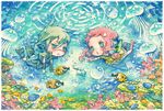  1girl :&lt; blush bubble chibi fish harukage jellyfish o3o original traditional_media underwater water watercolor_(medium) 