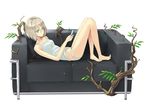  bare_legs barefoot blonde_hair camisole cellphone colored_eyelashes commentary couch expressionless green_eyes lowleg lowleg_panties lying midriff nabeshima_tetsuhiro navel on_back original panties phone short_hair simple_background solo underwear underwear_only 