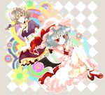  bat_wings bloomers blue_hair bow braid brown_eyes crossed_legs dress frills hair_bow hat izayoi_sakuya maid maid_headdress multiple_girls red_eyes remilia_scarlet shoes short_hair silver_hair sitting smile touhou twin_braids underwear wakatomo wings wrist_cuffs 