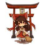  ascot bow broom brown_hair chibi detached_sleeves full_body hair_bow hakurei_reimu long_hair lowres nekonote_(neconote) red_eyes solo torii touhou transparent_background 