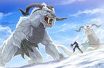  battle blurry cape charging claw_(weapon) claws depth_of_field dragon facing_away fang highres horns landscape monster nature original signature sky snow weapon white_cape white_hair zhen_lu 