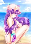  beach breasts crescent day hat large_breasts long_hair ocean one-piece_swimsuit patchouli_knowledge pengin_guriko purple_eyes purple_hair solo swimsuit touhou 
