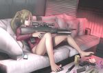  assault_rifle barefoot blonde_hair blue_eyes bullpup can couch feet gun hair_bobbles hair_ornament handgun knife legs long_hair magazine_(weapon) one_eye_closed original panties ponytail raybar rifle scope side_ponytail solo trigger_discipline underwear weapon 