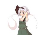  adjusting_hair black_hairband blue_eyes blush ghost hairband hairdressing katanakko_daisuki konpaku_youmu konpaku_youmu_(ghost) short_hair silver_hair simple_background solo sweatdrop touhou wavy_mouth 