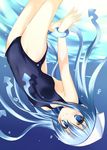  blue_eyes blue_hair blush ikamusume long_hair nozomi_tsubame one-piece_swimsuit shinryaku!_ikamusume solo submerged swimsuit tentacle_hair tentacles underwater water 