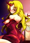  back bare_shoulders blonde_hair blush breasts cup from_behind highres horn hoshiguma_yuugi japanese_clothes kimono large_breasts looking_back off_shoulder red_eyes roki_(hirokix) sakazuki sitting smile solo spill touhou 