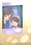  :d closed_eyes futami_ami futami_mami goto_p hair_bobbles hair_ornament highres idolmaster idolmaster_(classic) multiple_girls open_mouth siblings smile twins window 