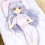  angel_beats! bed blue_hair blush kanna_asuke long_hair lying nurse pantyhose solo tenshi_(angel_beats!) white_legwear yellow_eyes 