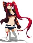  belt bikini_top boots breasts cleavage fetithism jacket kneeling large_breasts legs long_hair navel ponytail red_hair shorts smile solo studded_belt tengen_toppa_gurren_lagann thigh_boots thighhighs thighs underboob very_long_hair yellow_eyes yoko_littner 